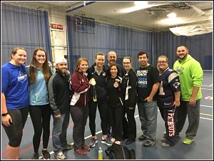 Coaches Tayler Travis, Emily Travis, Derek and Michaela Goncalves, Courtney Thompson,Tara Costa, Dave Peixoto, Nicole Arruda, Jacob Girard, Amanda Tarantelli and James Moran at the Babson Coaches Clinic 